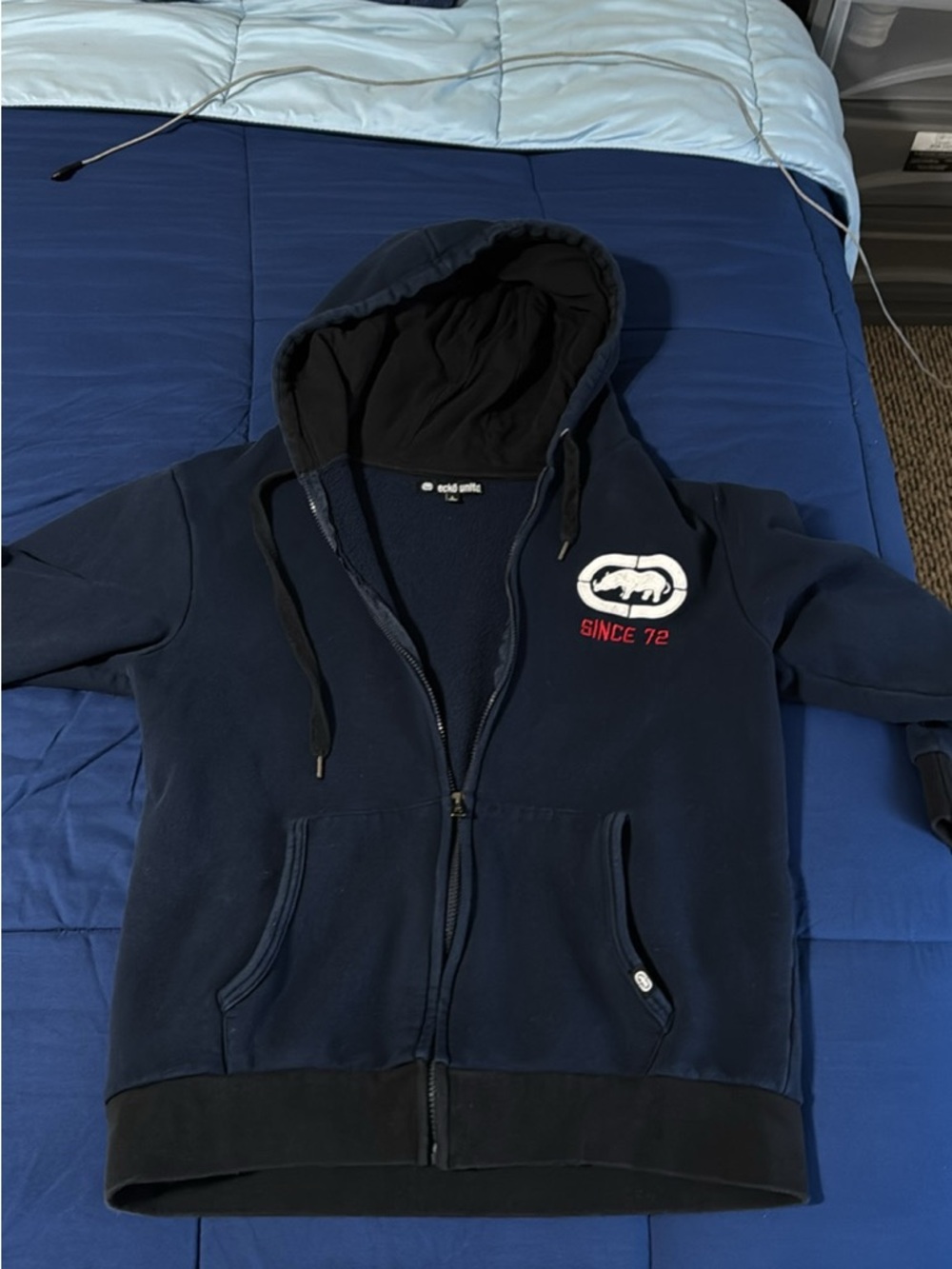 Ecko Unlimited Navy Hooded Zip Puffer Jacket with Black Trim